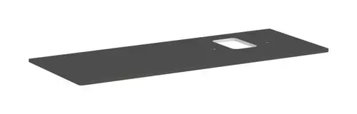 Graue Konsole von Hansgrohe mit Ausschnitt für Aufsatzwaschtisch. Die Oberfläche ist matt und zeigt eine rechte Aussparung sowie Bohrlöcher.